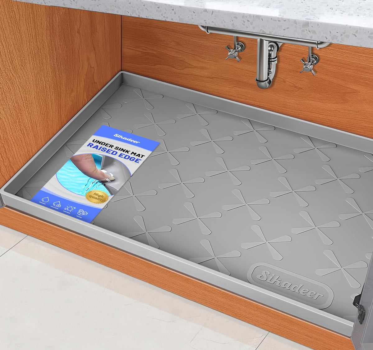 SIKADEER under-sink mat protector catches leaks and protects cabinets.