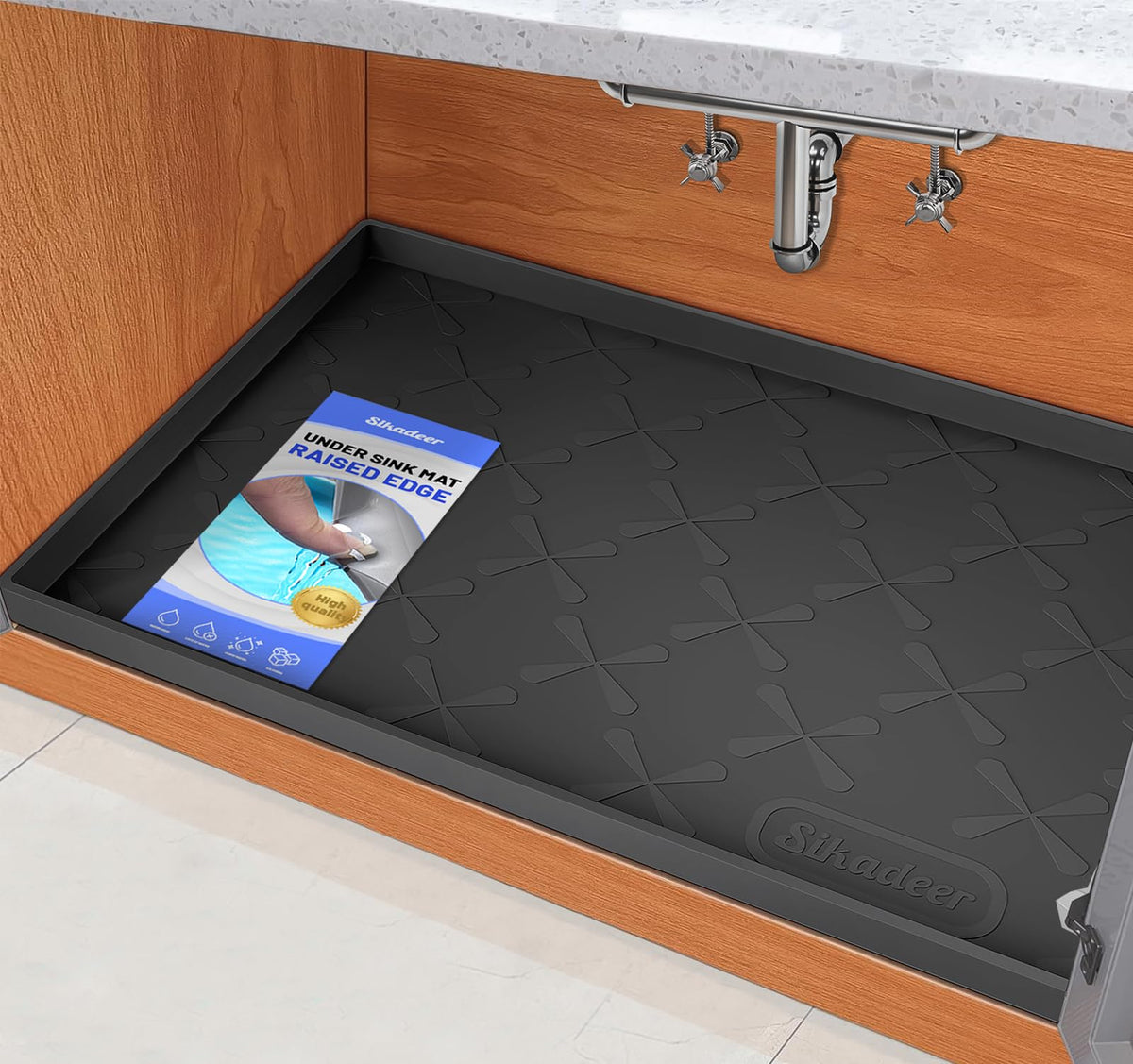 SIKADEER under-sink mat with raised edges protecting cabinet from leaks