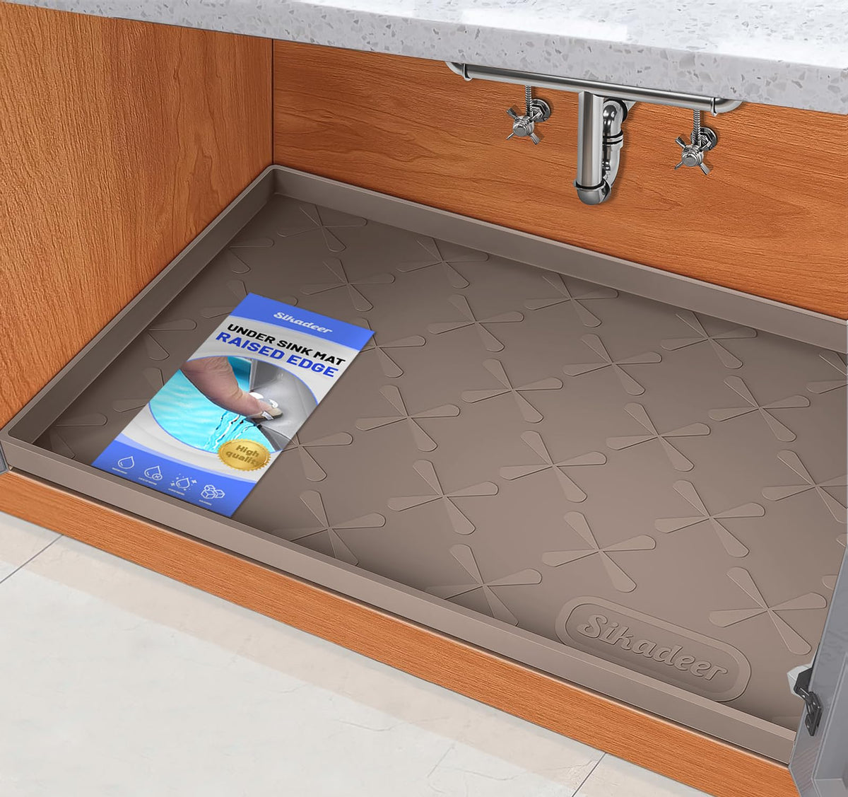 SIKADEER under-sink mat with raised edges protects cabinets from spills