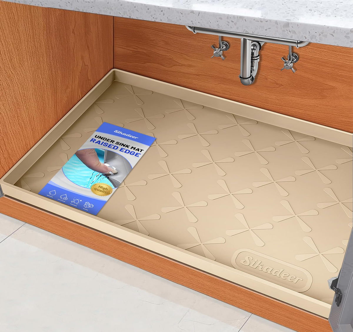 SIKADEER under-sink mat protects cabinets from leaks with waterproof surface