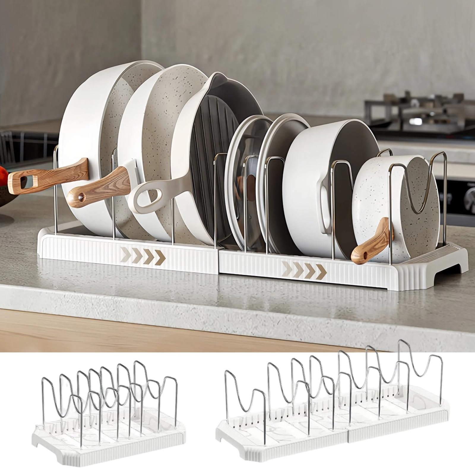 Silanit expandable organizer in cabinet maximizing cookware space.