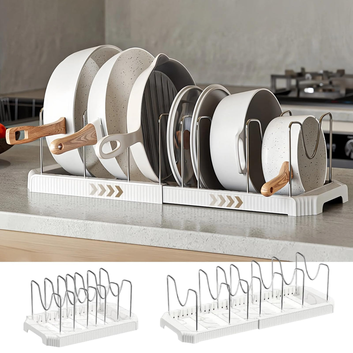 Silanit expandable organizer in cabinet maximizing cookware space.