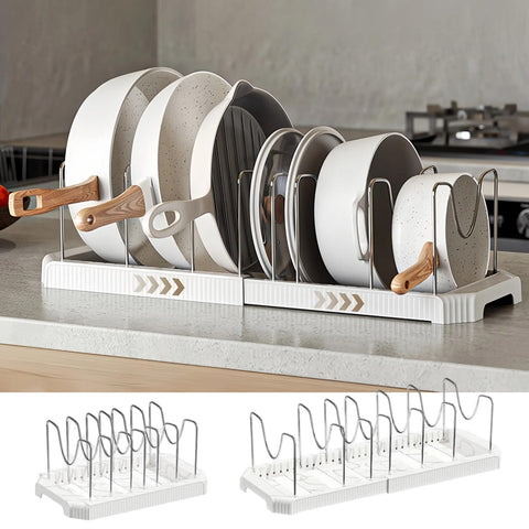 Silanit expandable organizer in cabinet maximizing cookware space.