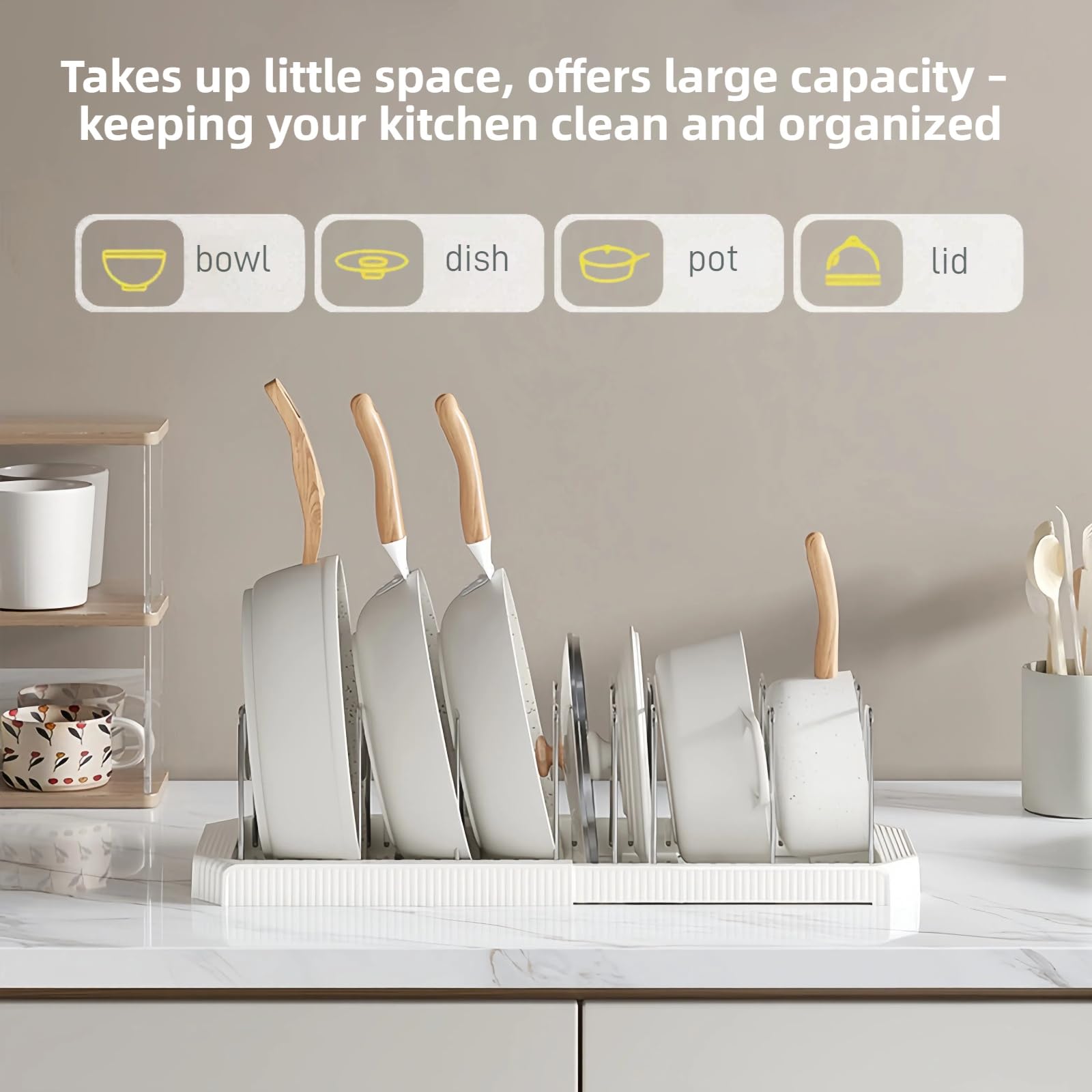 Silanit vertical storage saves cabinet space for pots and pans.