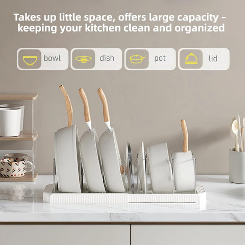 Silanit vertical storage saves cabinet space for pots and pans.