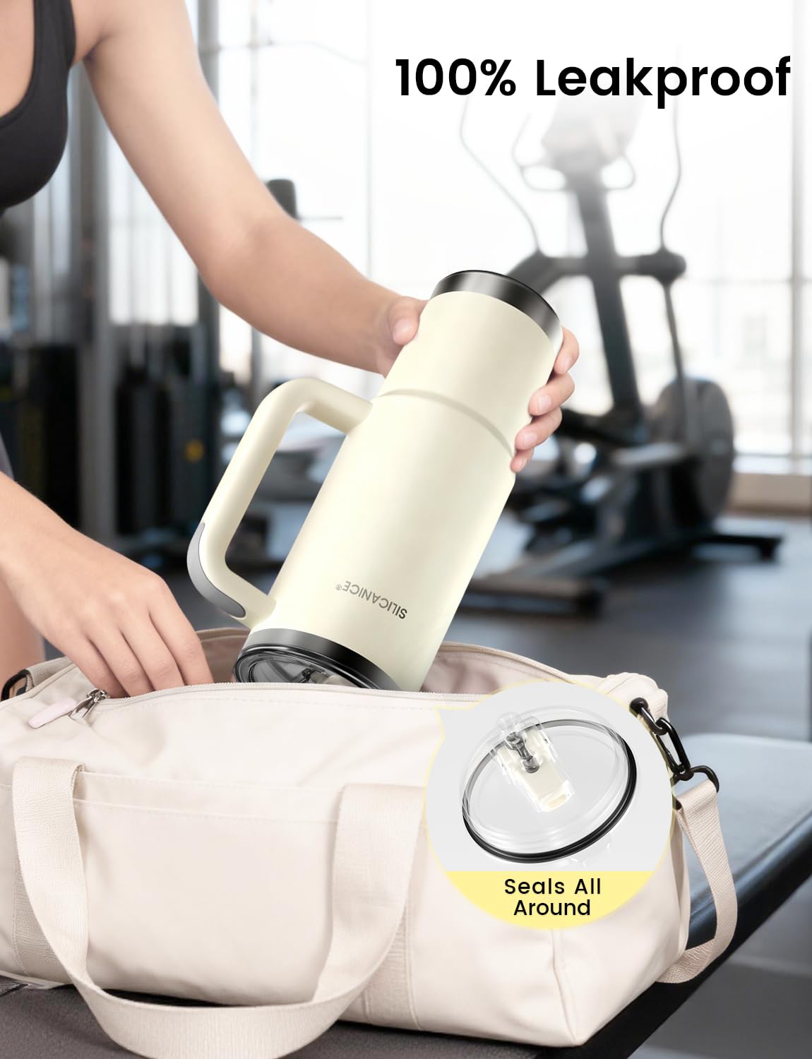 SILICANICE flip-lid with 360° sip demonstrates versatile on-the-go use