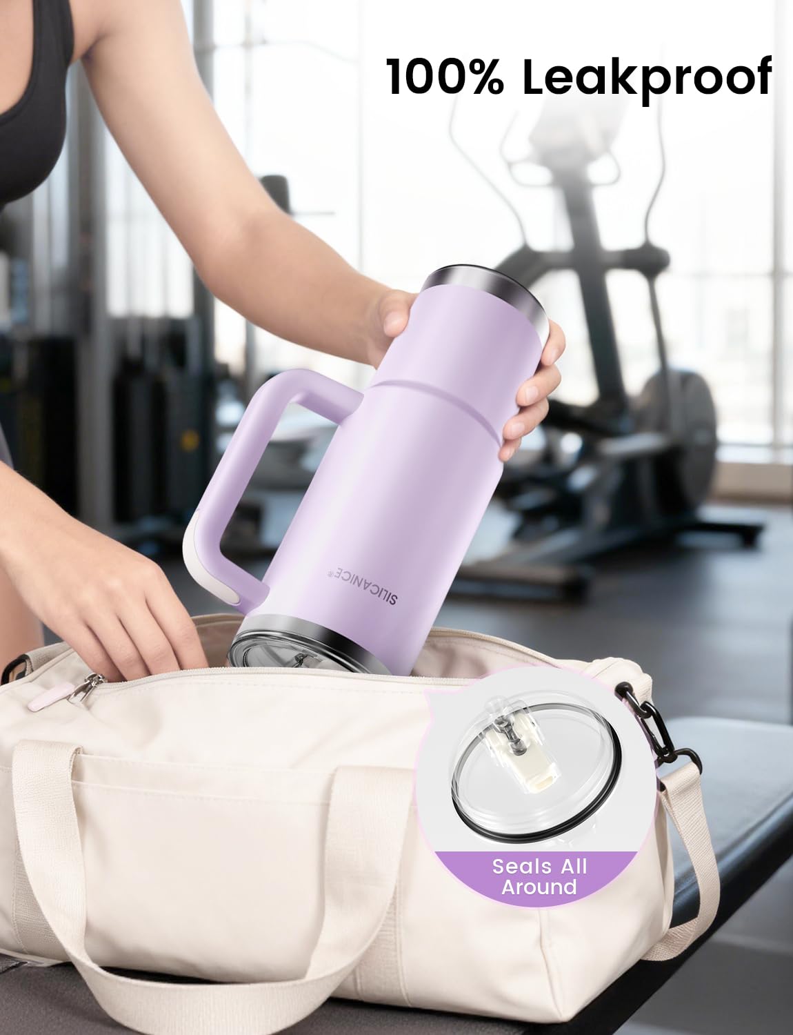 SILICANICE leakproof lid showing spill-free use during travel and workouts