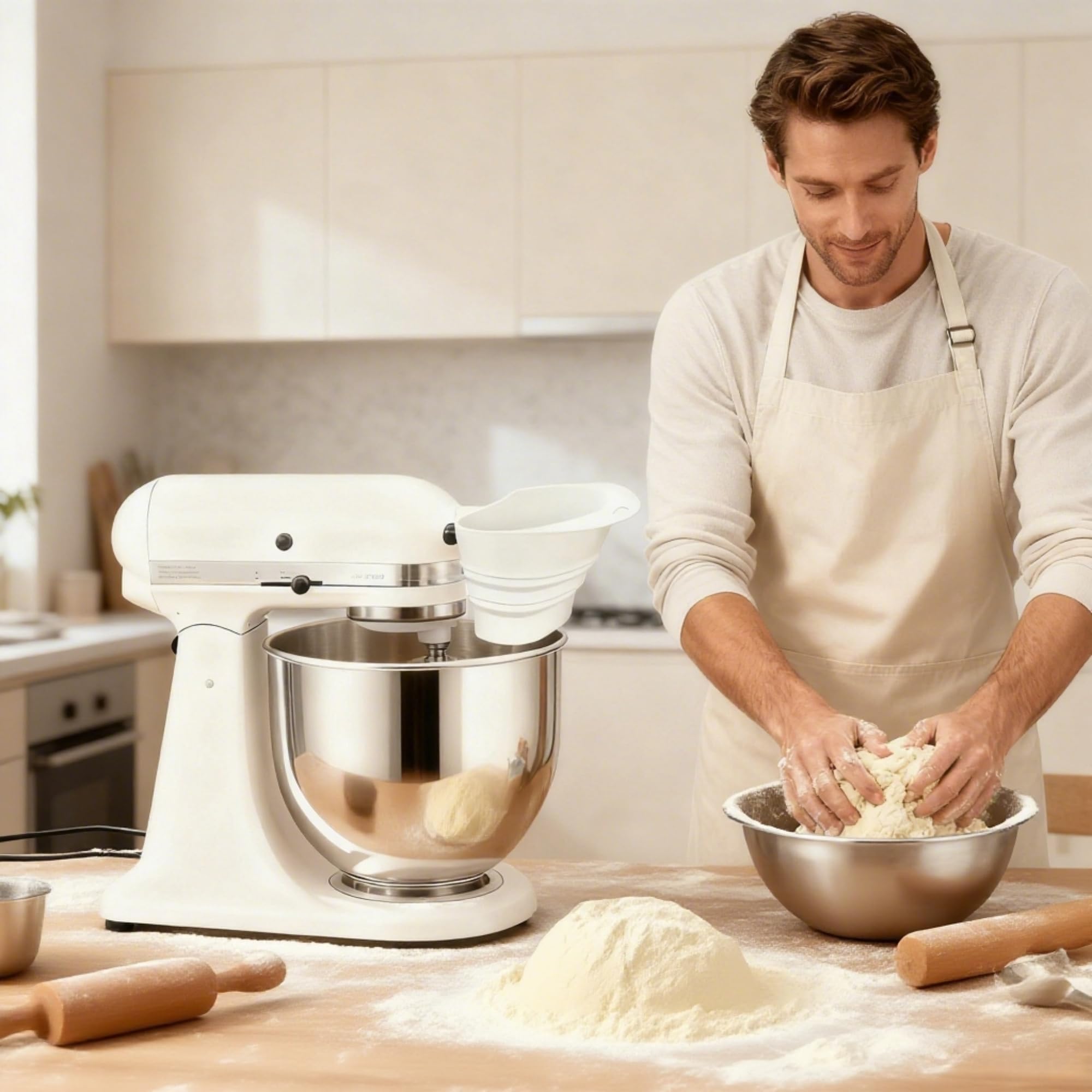 KitchenAid funnel edge-attachment keeps ingredients moving without spills.