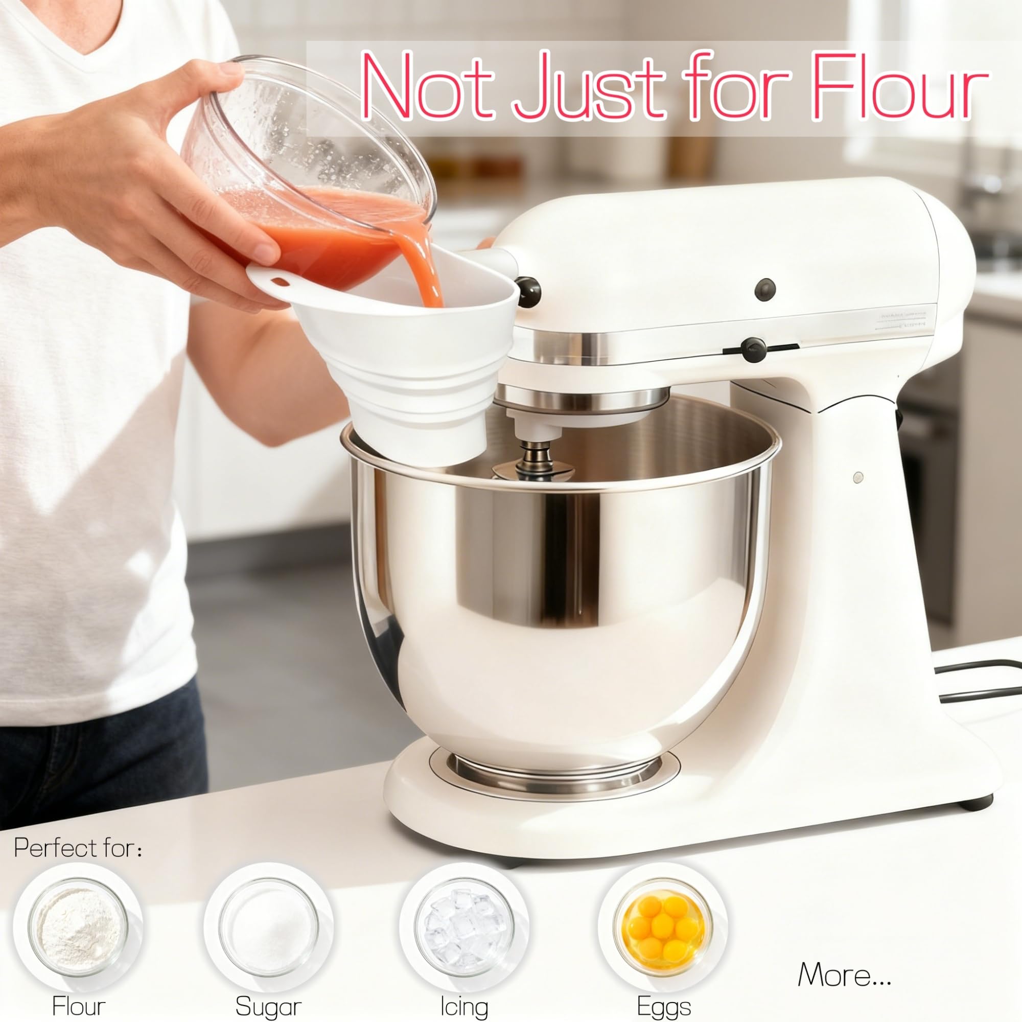 KitchenAid funnel attaches hands-free to bowl edge for steady pouring.