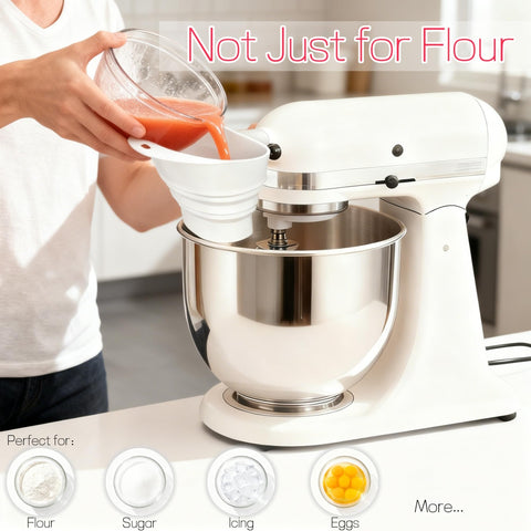 KitchenAid funnel attaches hands-free to bowl edge for steady pouring.