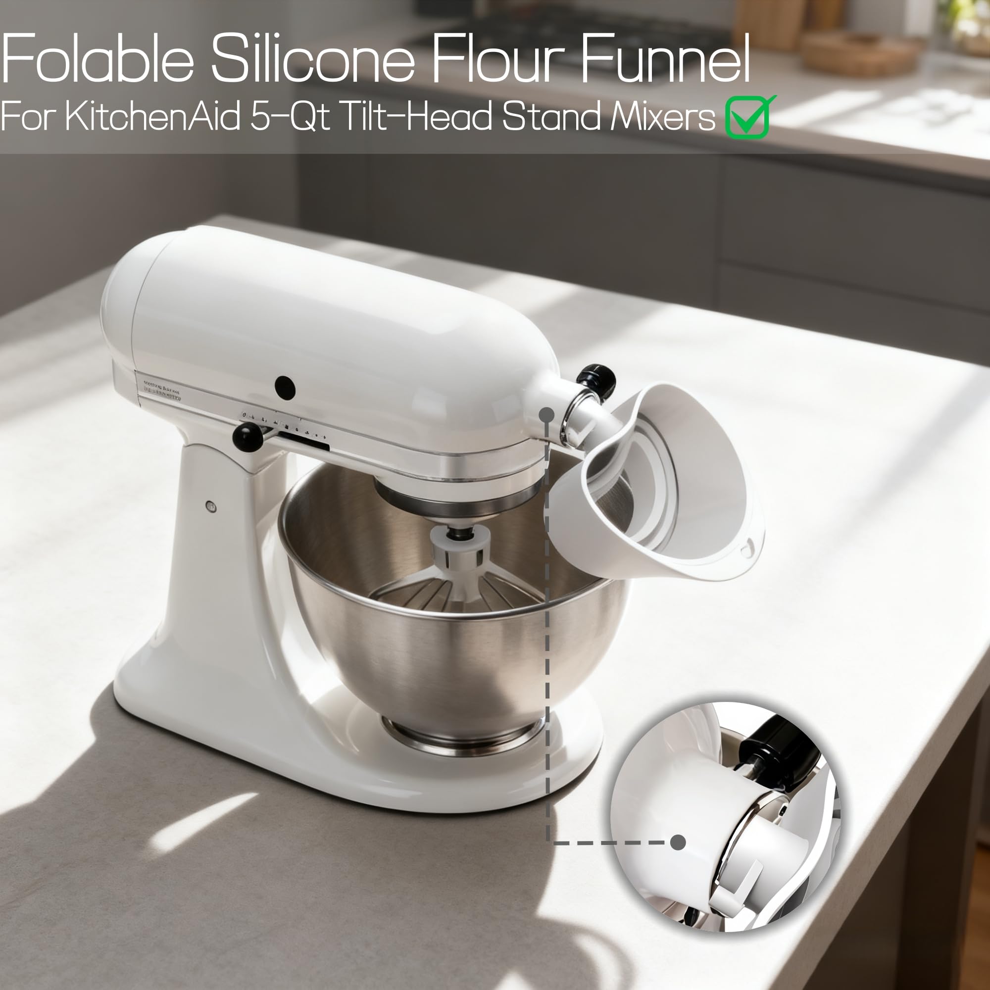 KitchenAid silicone funnel with guided pour for precise dry ingredient pouring.