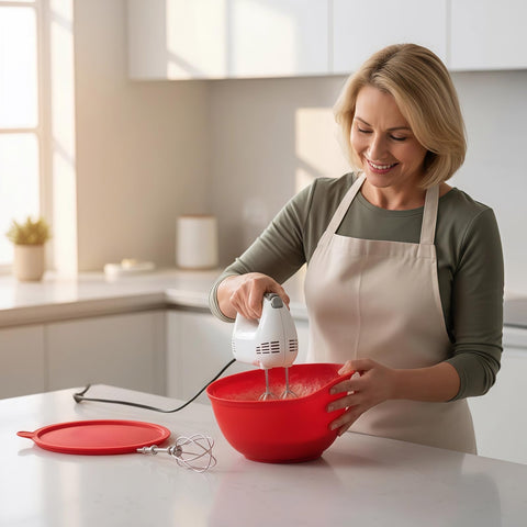 Red silicone bowl liner is microwave and dishwasher safe for quick cleaning.