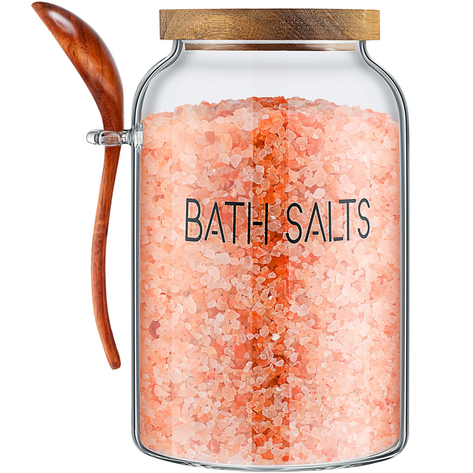 SiliFine 94 oz bath salt jar with wooden lid, clear glass for easy content visibility.
