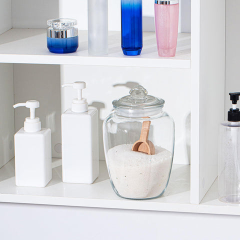 SiliFine rustic-design bath storage jar on a bathroom shelf