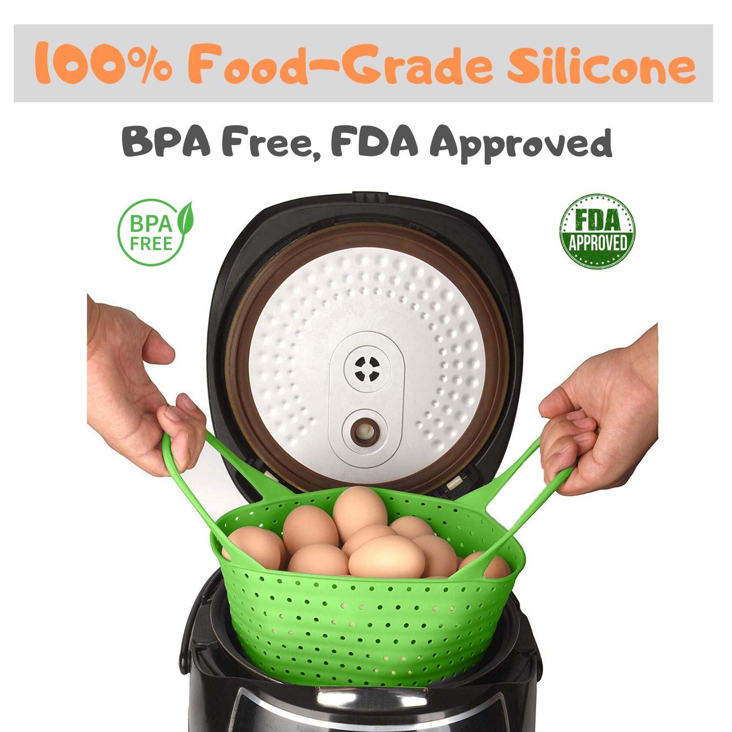 Silikong steamer basket shows built-in trivet for stable steaming.