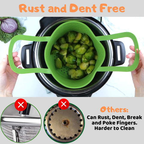 Silikong steamer basket with higher outer walls to keep food secure.