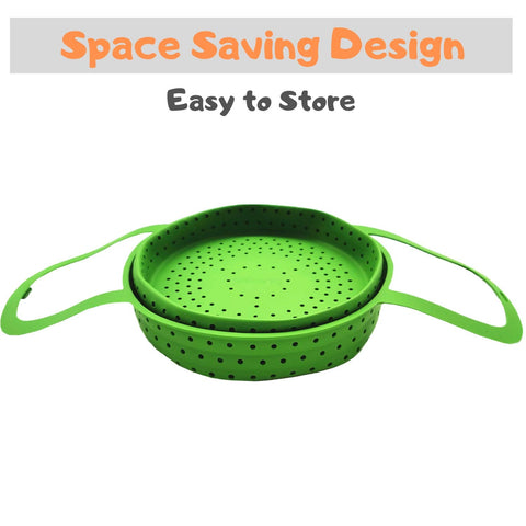 Silikong steamer basket with interlocking heat-resistant handles for safe lifting.