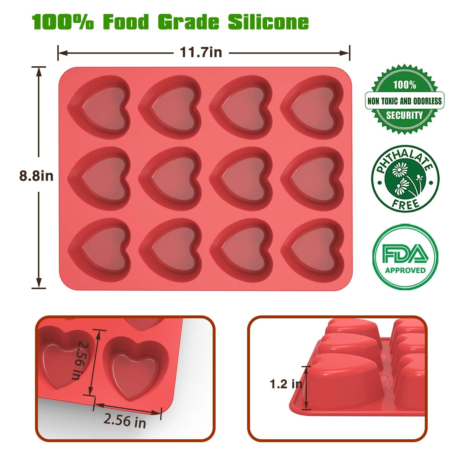 SILIVO heart muffin pan dimensions show 11.7 by 8.8 inches for versatile baking.