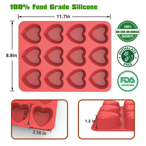SILIVO heart muffin pan dimensions show 11.7 by 8.8 inches for versatile baking.