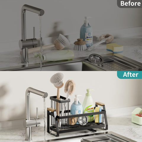 Smart compartments keep brushes, sponges, scrubbers, and soap neatly stored.