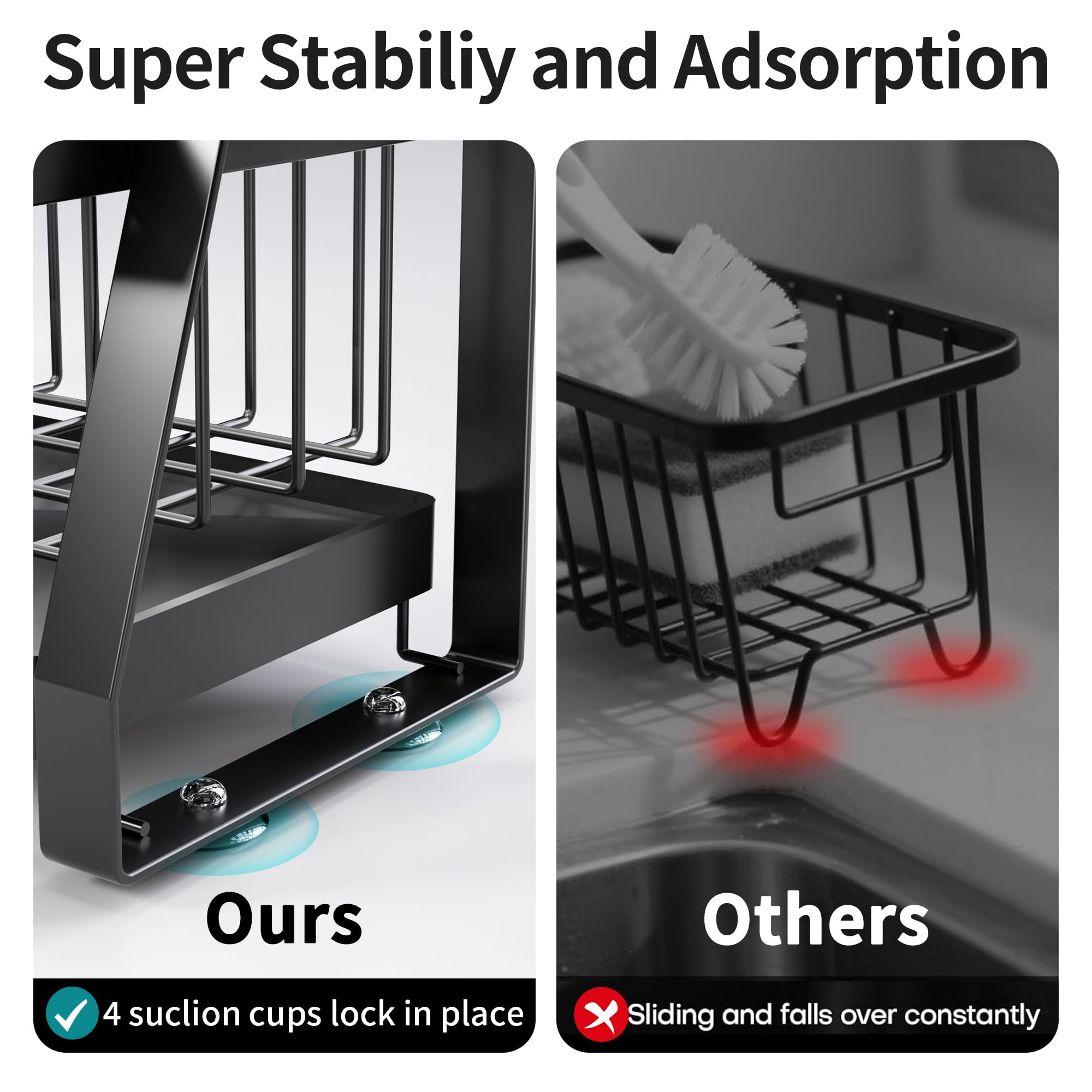 Four non slip suction cups secure the organizer on smooth surfaces.