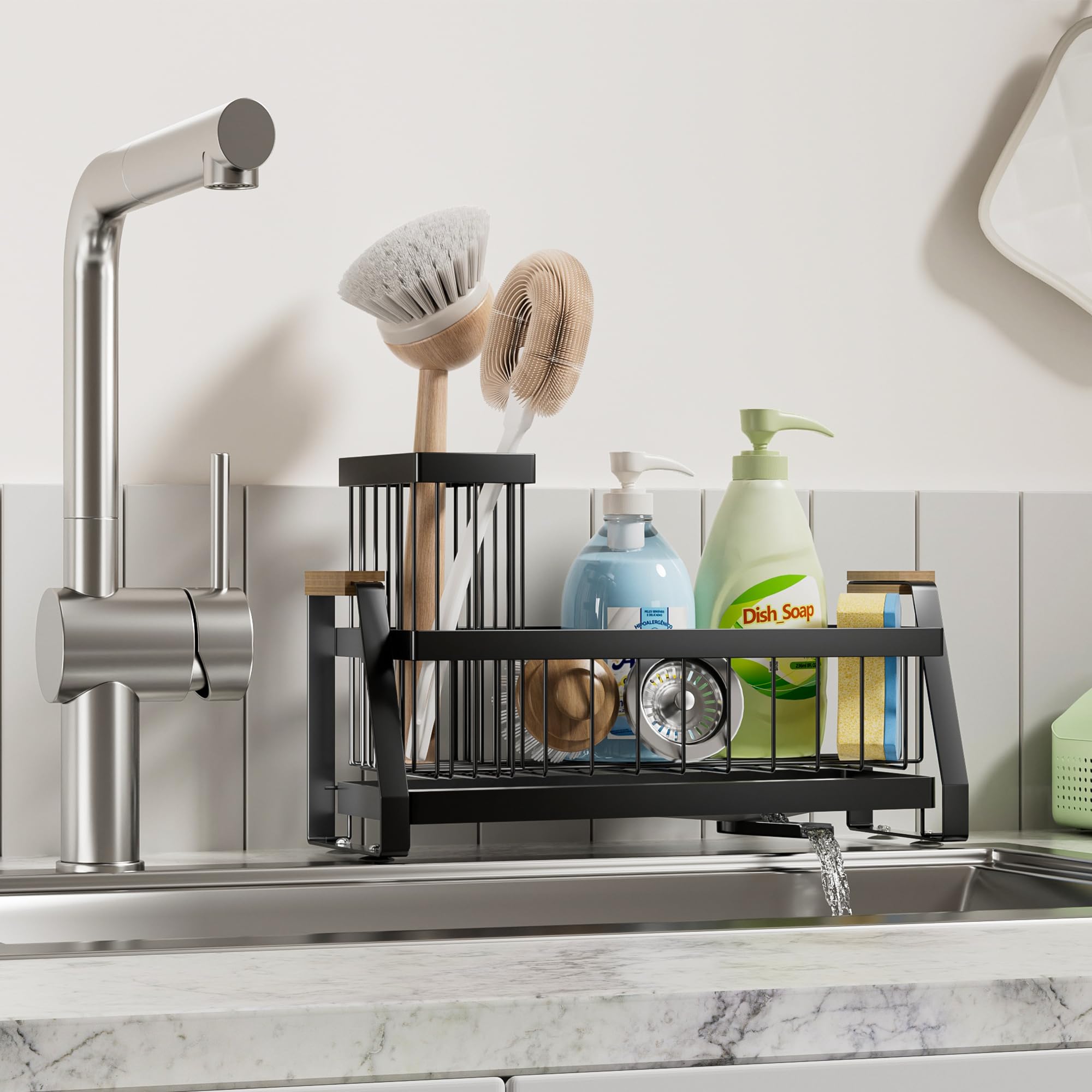 Compact trapezoid shape fits kitchen or bathroom countertops.