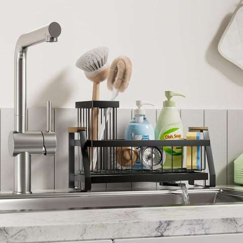 Compact trapezoid shape fits kitchen or bathroom countertops.