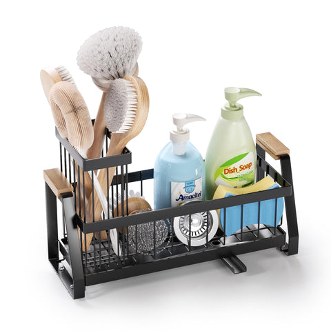 SILUB sink caddy with wooden handle and drainage tray keeps counters dry.
