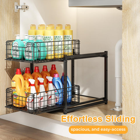 SILUB two-tier sliding baskets glide smoothly along rails for quick access.