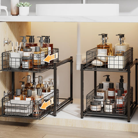 SILUB under-sink organizer with 2-tier pull-out top basket keeps cleaning supplies organized and accessible.