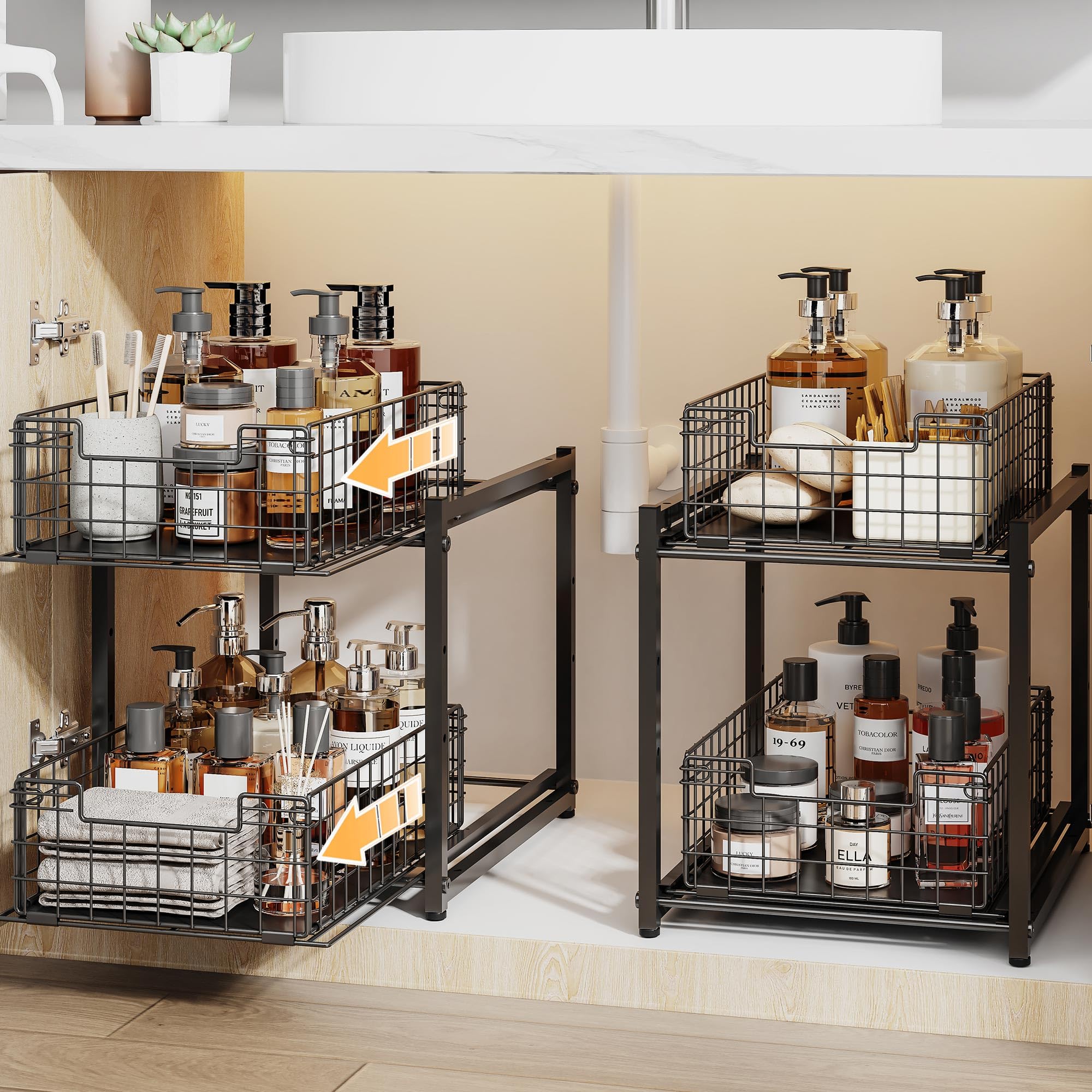 SILUB under-sink organizer with 2-tier pull-out for easy access.