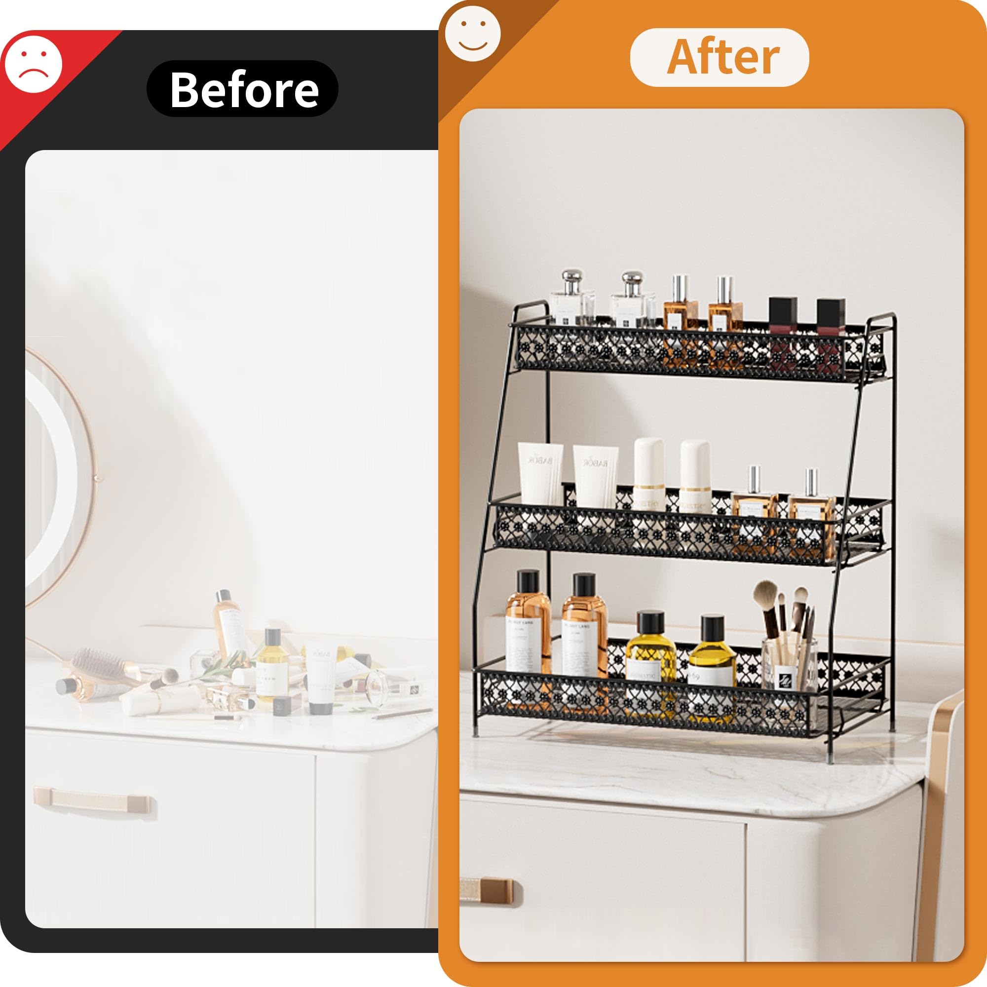 SILUB Vintage 3-Tier Spice Rack dimensions view emphasizes roomy size for versatile storage.