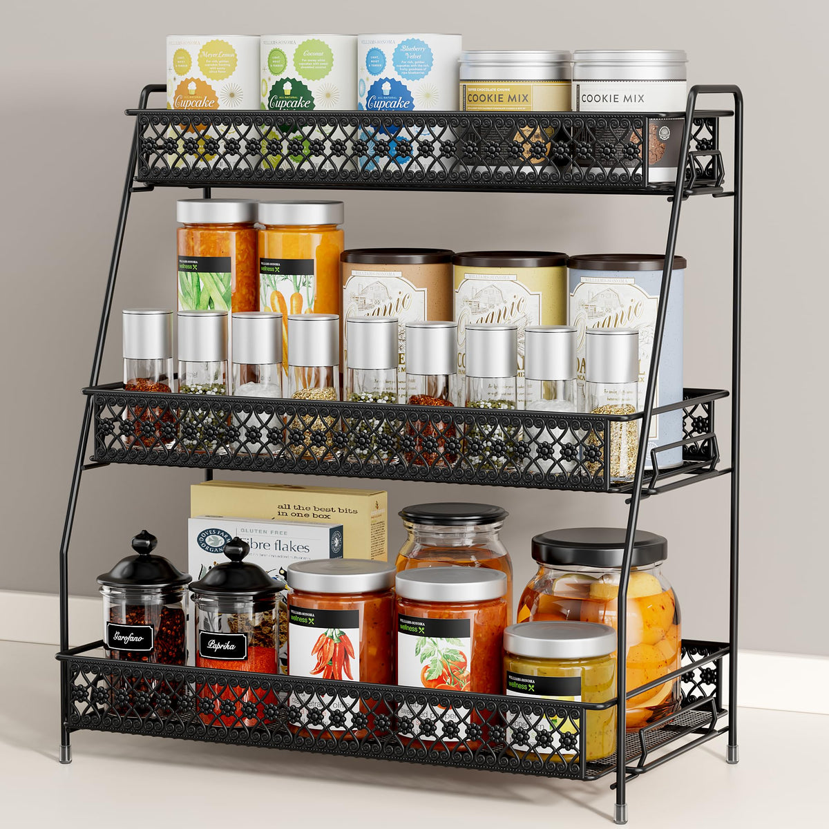 SILUB Vintage 3-Tier Spice Rack front view shows accessible storage for spices and cosmetics.
