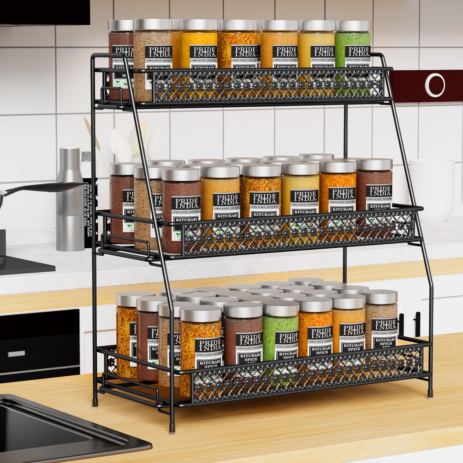 SILUB Vintage 3-Tier Spice Rack non-slip base demonstrates stable placement and surface protection.