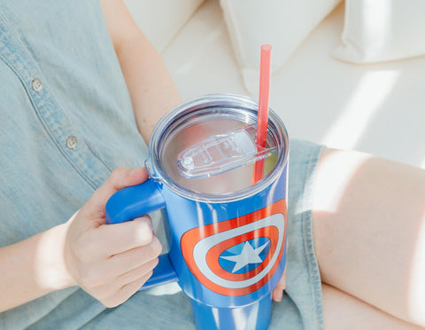 Silver Buffalo Captain America shield tumbler holds up to 40 ounces of beverage.