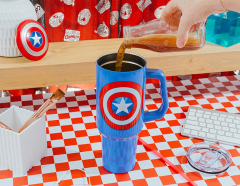 Silver Buffalo Captain America shield tumbler is durable stainless steel for everyday use.