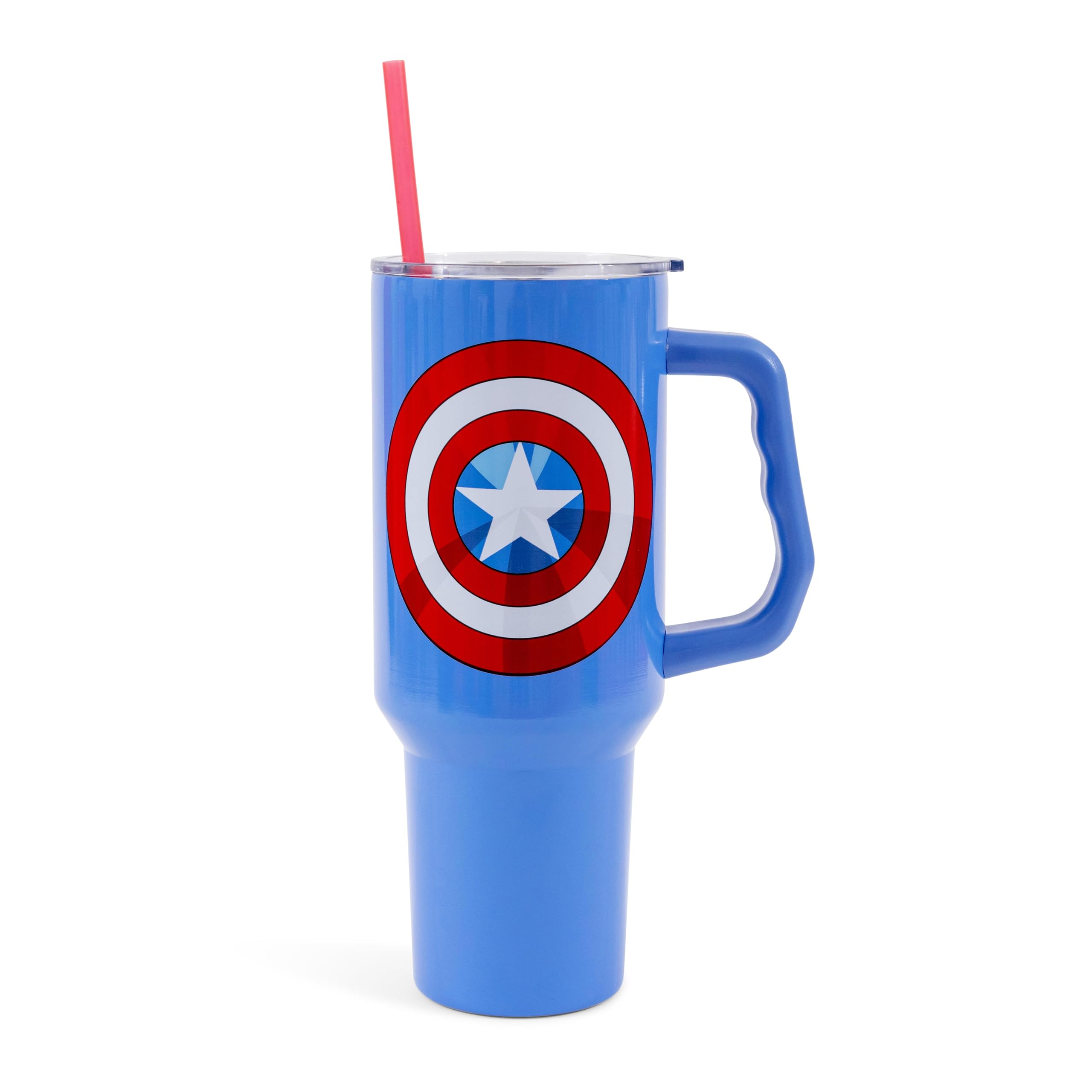 Silver Buffalo Captain America shield tumbler front view with blue backdrop, ideal for daily hydration.