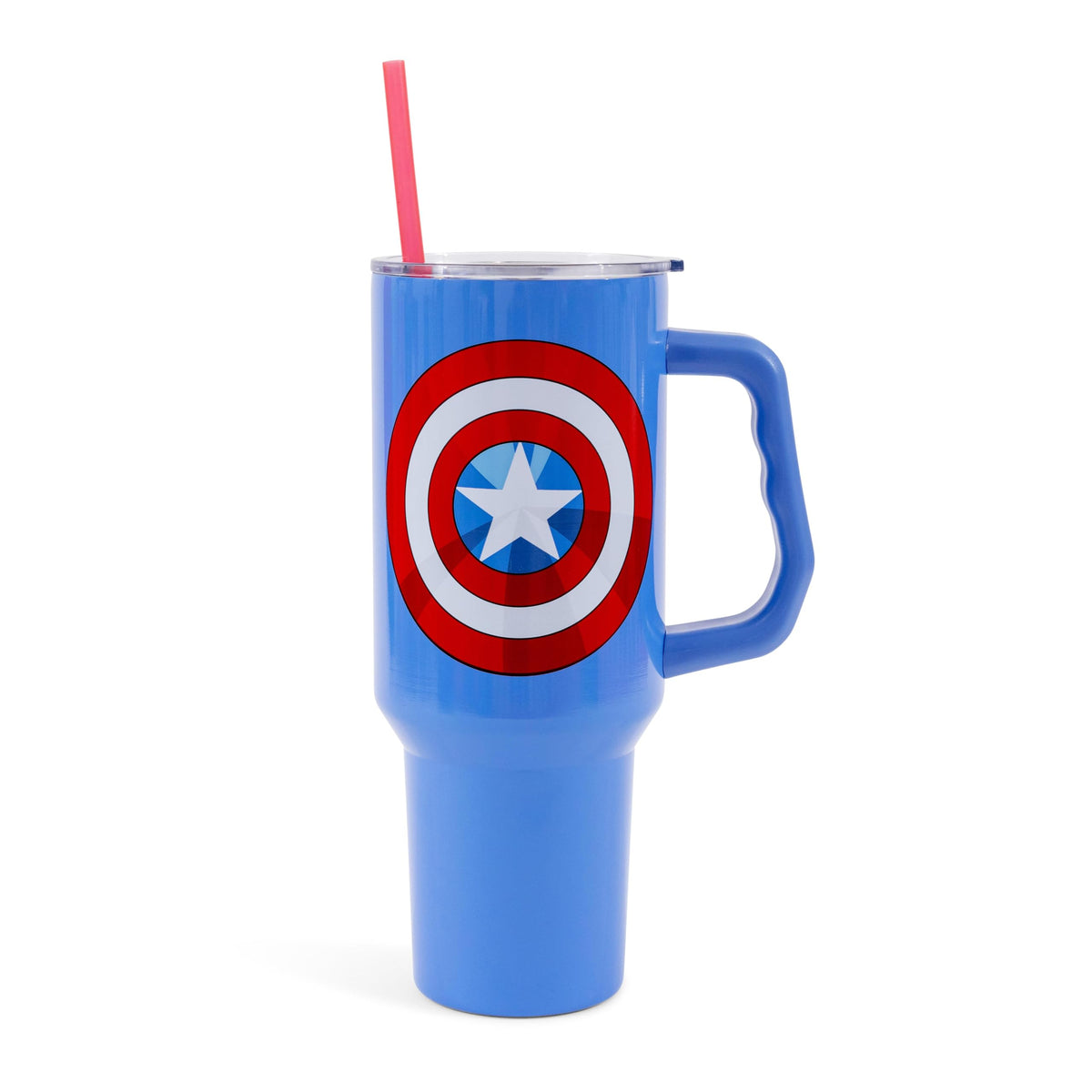 Silver Buffalo Captain America shield tumbler front view with blue backdrop, ideal for daily hydration.