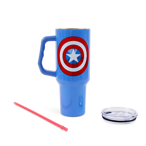 Silver Buffalo Captain America shield tumbler with red straw and secure lid for on-the-go sipping.