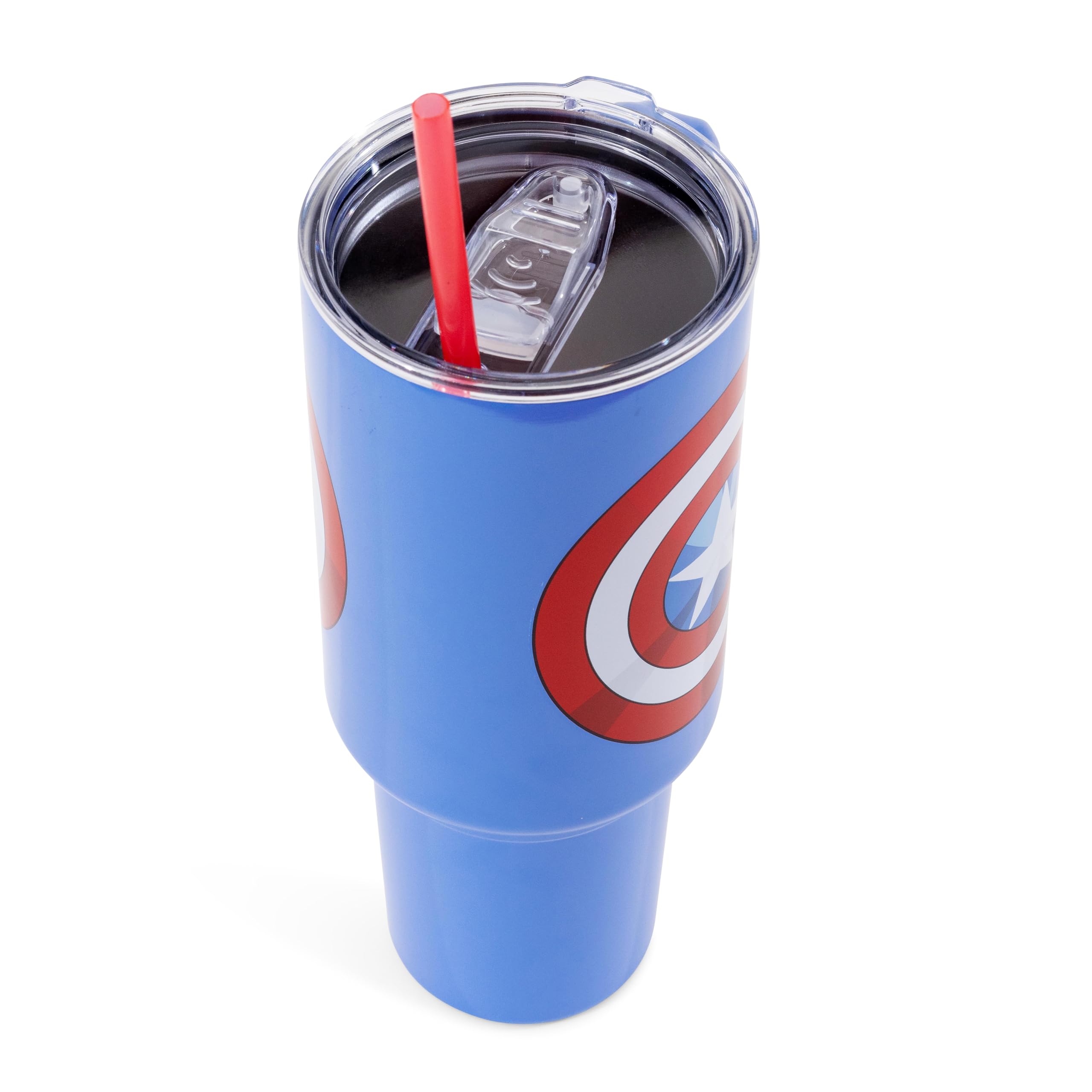 Silver Buffalo Captain America shield tumbler double-sided design for display from any angle.