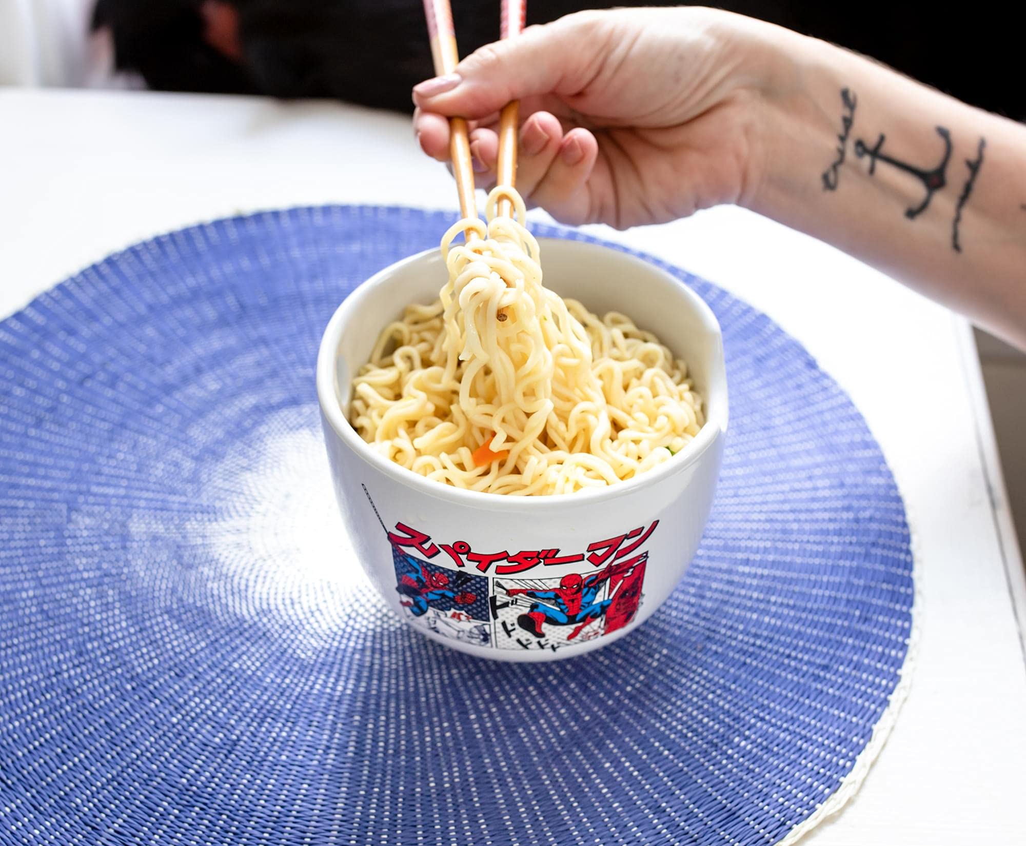 Chopsticks included with the Spider-Man ramen bowl for a complete set.