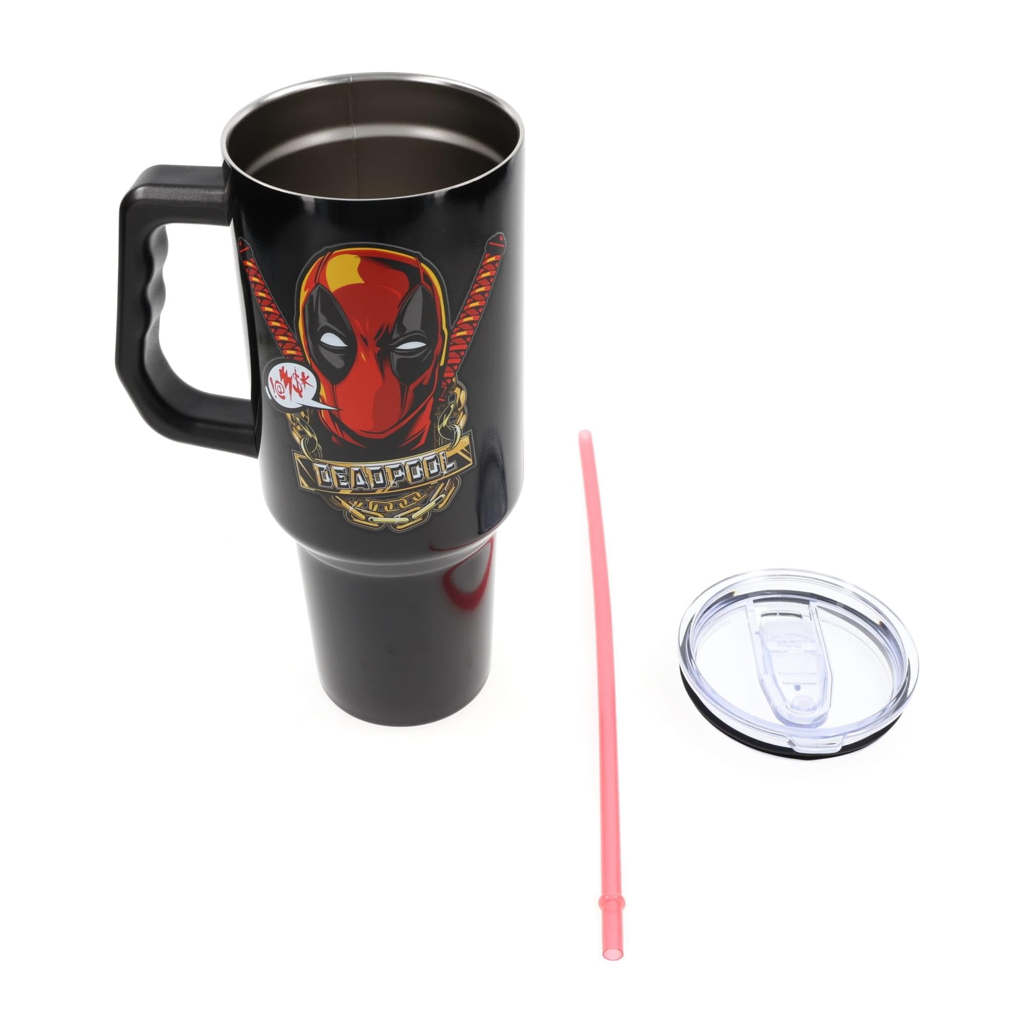 Silver Buffalo Deadpool tumbler holds 40 ounces for long outings.
