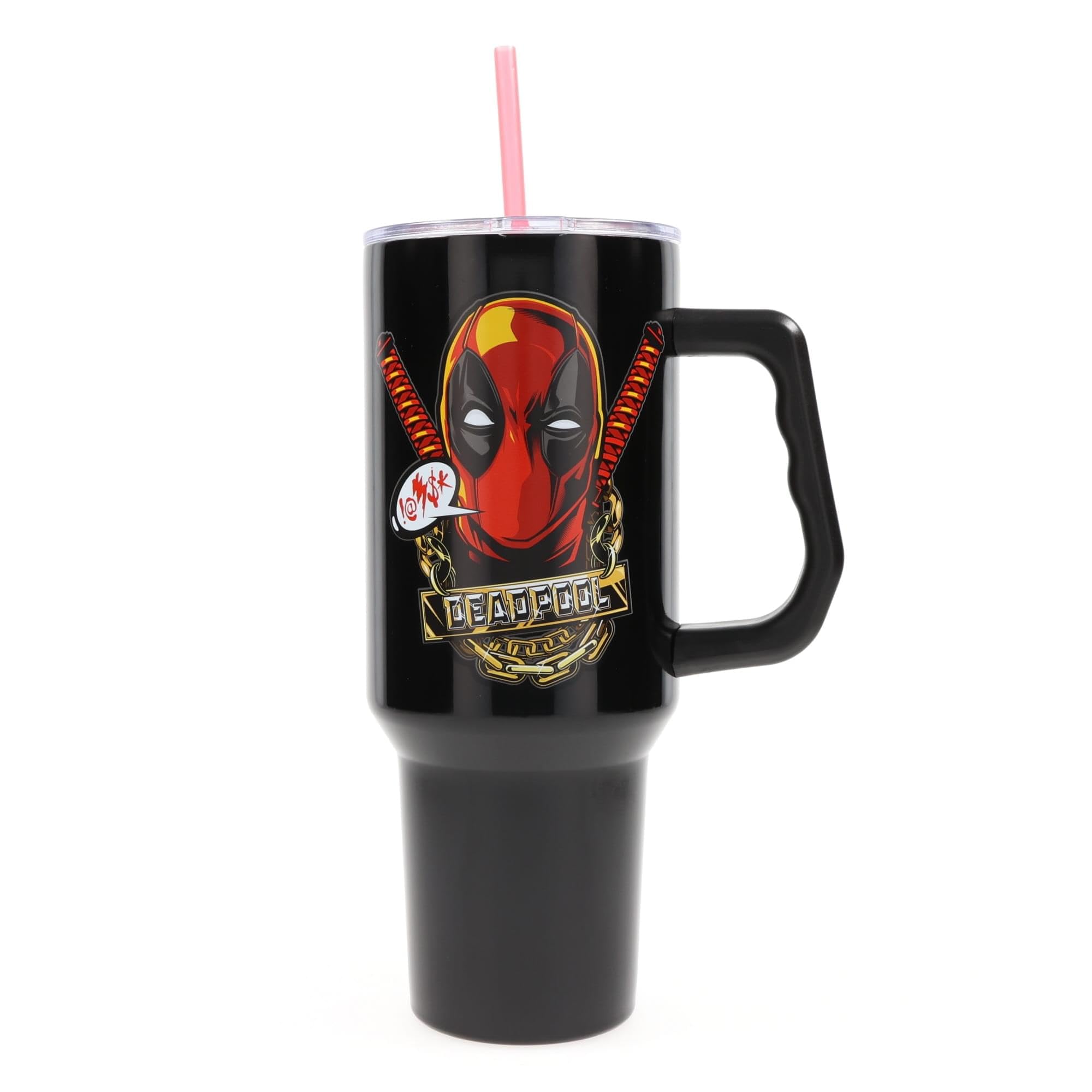 Silver Buffalo Deadpool tumbler design with Deadpool and gold chain, fan favorite style.
