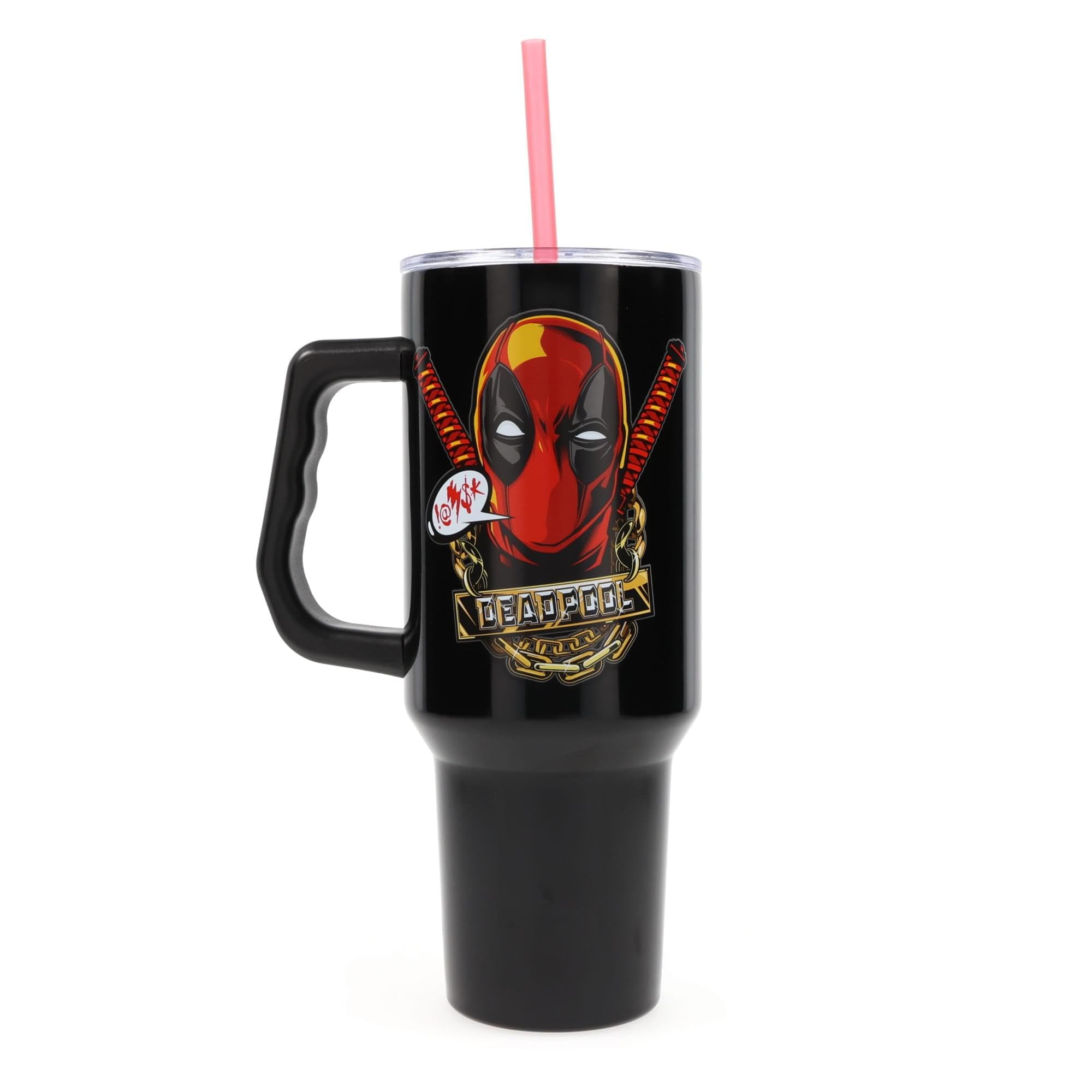 Silver Buffalo Deadpool tumbler with red straw for on-the-go sipping.