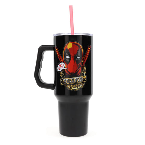 Silver Buffalo Deadpool tumbler with red straw for on-the-go sipping.