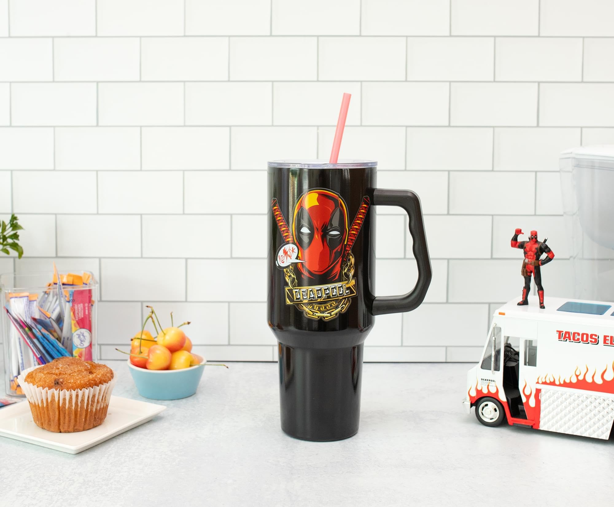 Silver Buffalo Deadpool tumbler features a secure lid for spill protection.