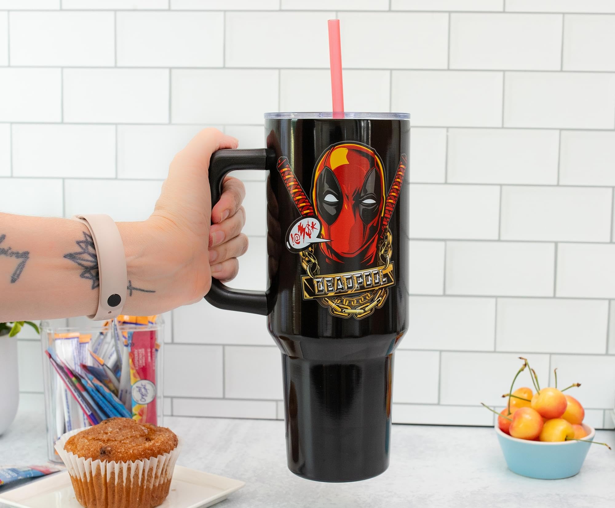 Silver Buffalo Deadpool tumbler built from durable stainless steel for daily use.