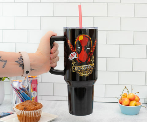 Silver Buffalo Deadpool tumbler built from durable stainless steel for daily use.