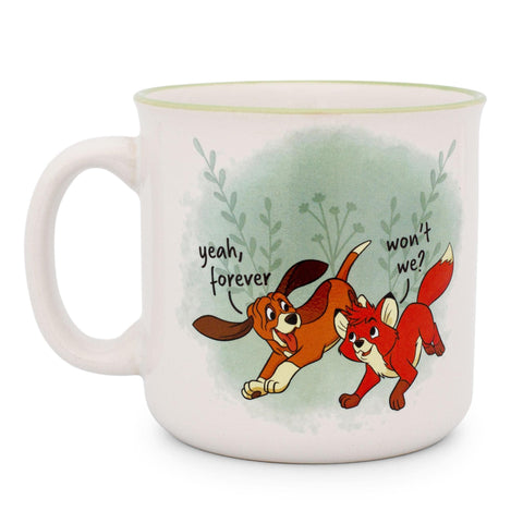 Silver Buffalo Fox and the Hound camper mug back view with heartwarming quotes.