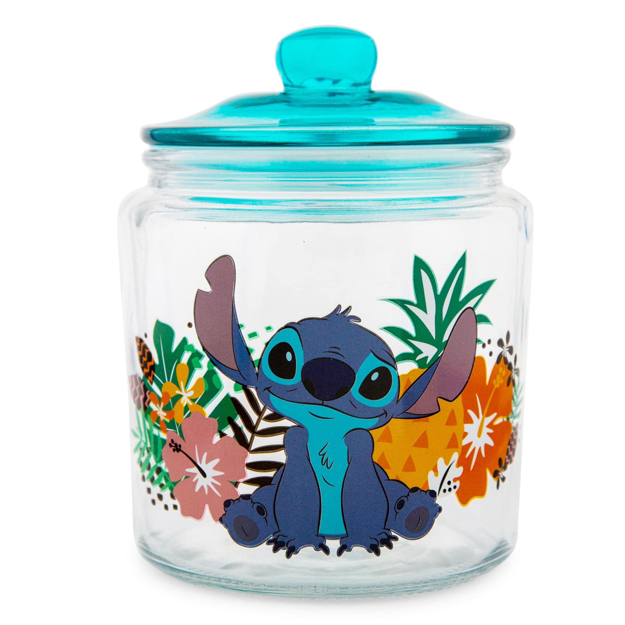 Silver Buffalo Lilo & Stitch jar with blue lid, tropical design adds playful kitchen storage.